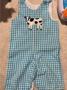 Kelly's Kids Aqua and White Gingham Cow Appliqué One-Piece